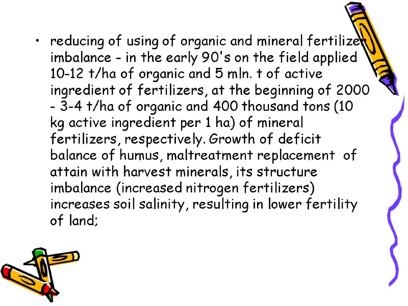 reducing of using of organic and mineral fertilizer imbalance - in the early 90's
